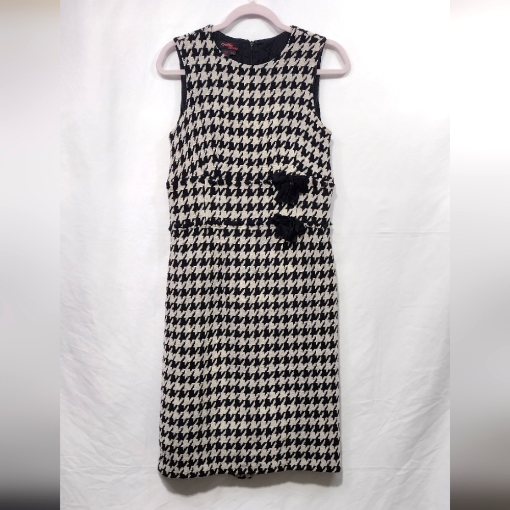 Cynthia Howie Tweed Silk Dress Women's 10 Black White Houndstooth Office 90s Y2K